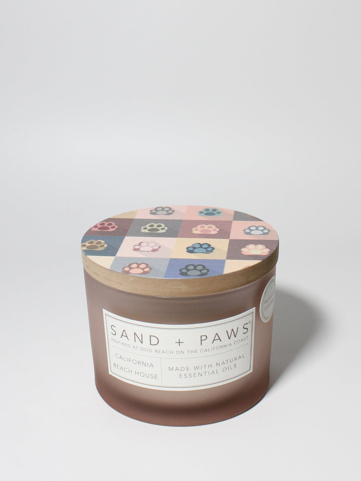 Sand + Paws California Beach House 12 oz scented candle Blush vessel with Painted Paw Grid lid